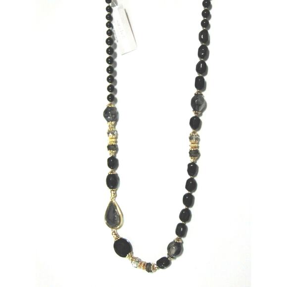 NEW Sara Bella Black Onyx Glass Bead NECKLACE 34" Adj Mother Of Pearl Nordstrom - Picture 9 of 11